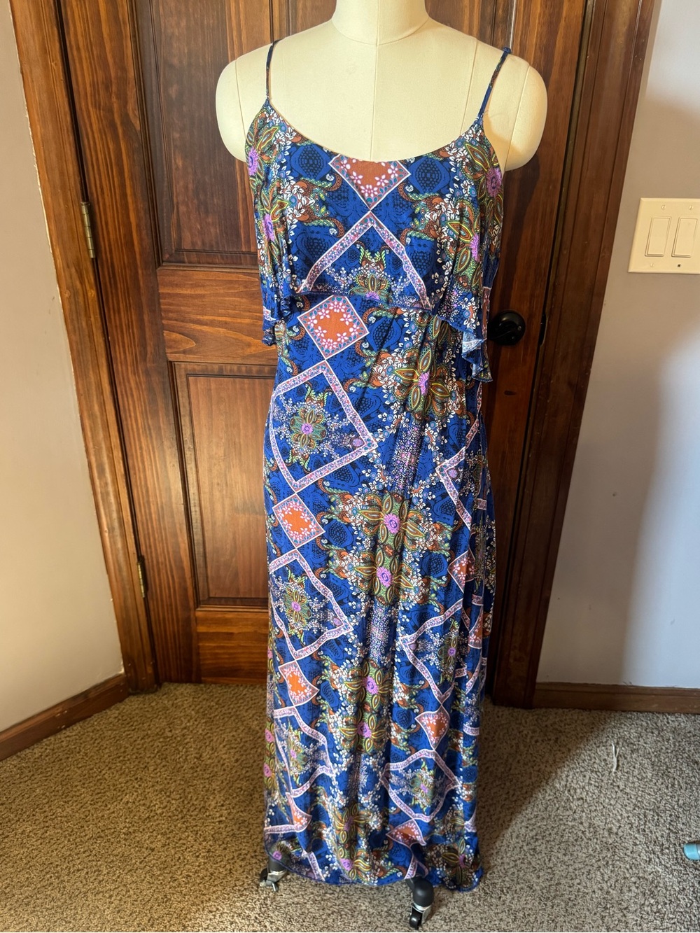 Xhilaration Blue Floral Spaghetti Strap Maxi Dress